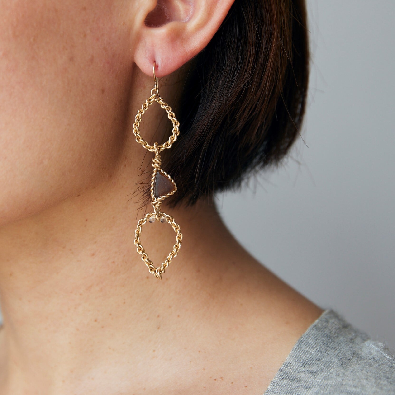 55◆14kgf ピアス3点 ブラウンシーグラス14kgfしずく編みフックピアス | yuisetouchi