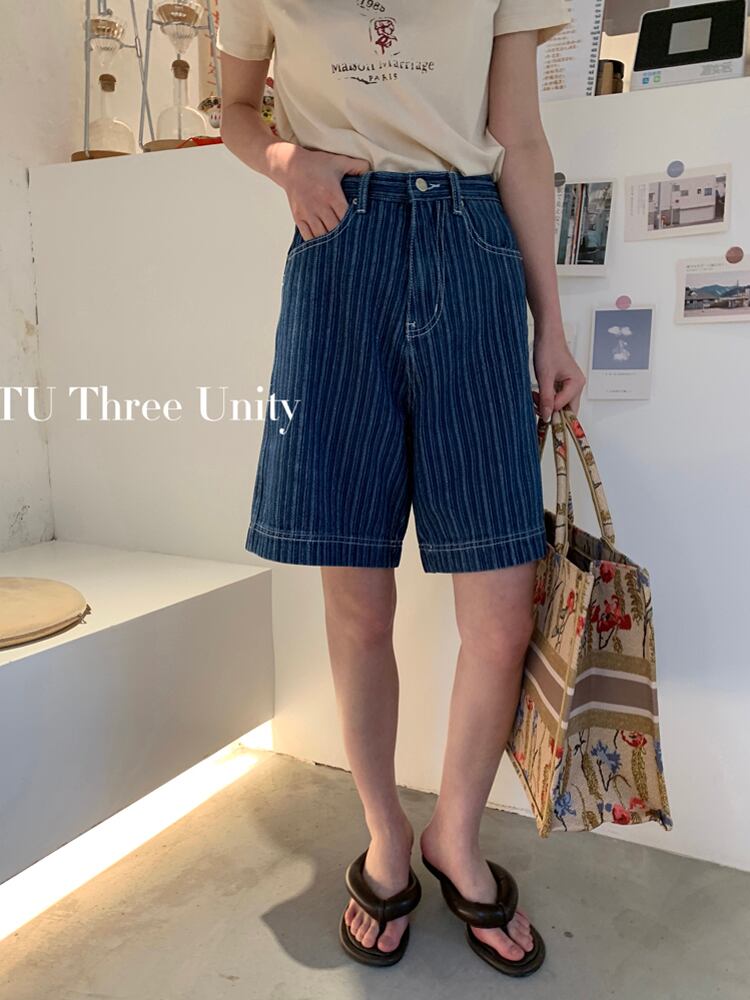 ショーツ サマーブルーハイウェストウェストルーズワイドレッグパンツ 夏物 ブルマー ワイドパンツ ビッグFスモールZ韓国36995828369