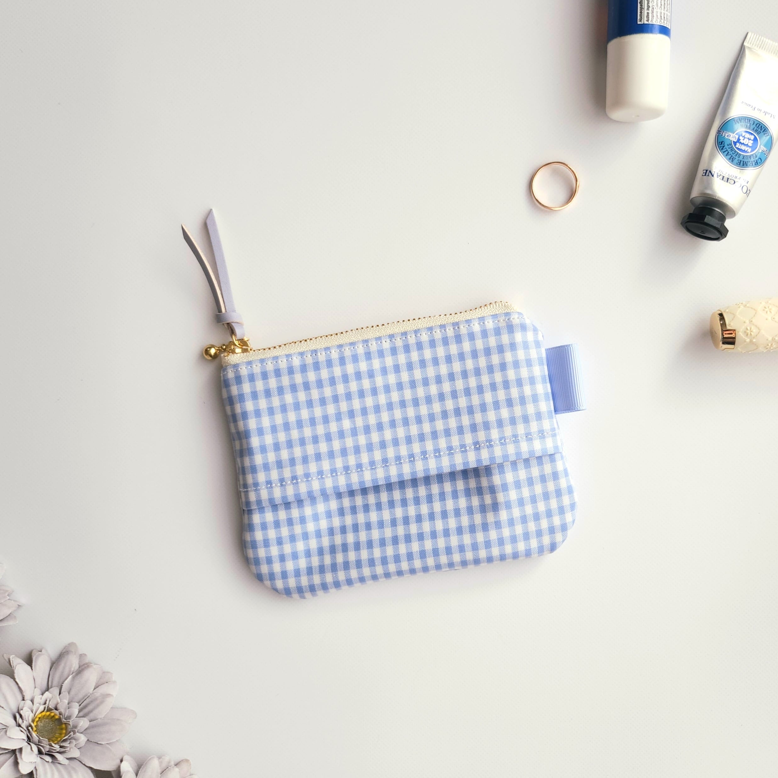 水色ギンガムチェックのポケットティッシュポーチ│コンパクト ラミネート 撥水