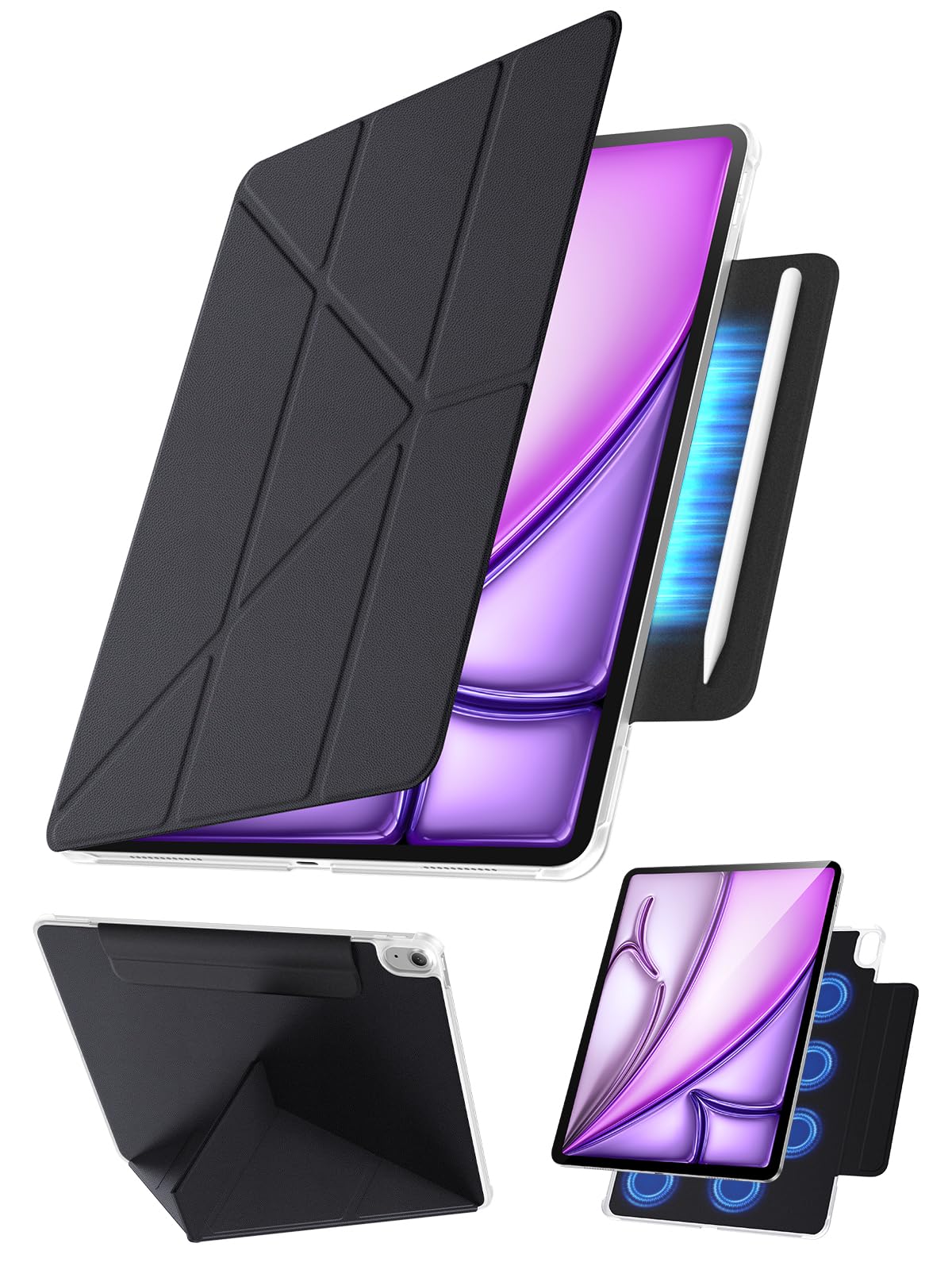 【360°全面保護・Y字スタンド】Tekka iPad Air 11インチ ケース M2/M3/M4 (第6/7/8世代・2024/2025/2026) / 第5世代 (2022) / 第4世代 (2020) & iPad Pro 11インチ ケース (2018)専用 マグネット吸着 隠しペン収納 縦置き・横置き対応 超薄型 軽量 PUレザー オートスリープ 耐衝撃 (ブラック)