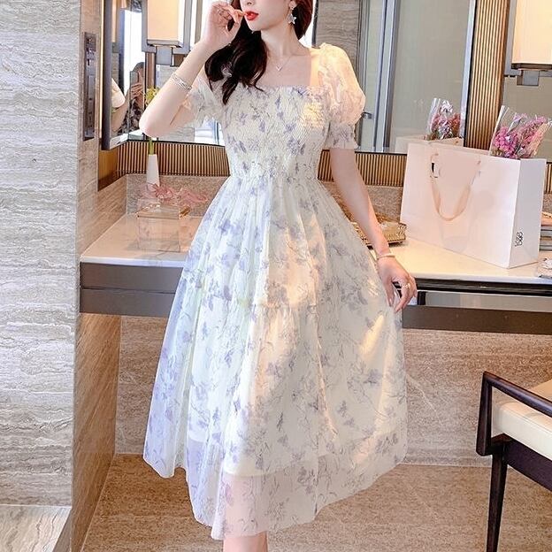 ワンピース レディース ドレス フレアワンピース S M L XL ミモレ丈 半袖 花柄 パフスリーブ スクエアネック フリル Aライン シフォン ウエストマーク 花柄 小花柄 フラワー かわいい 大人可愛い シンプル エレガント 上品 清楚 おしゃれ 綺麗 きれいめ お嬢様 おとな ナチュラル ガーリー 華やか 通勤 学生 通学 デート お出かけ 女子会 パーティー リゾート 旅行 ホワイト 春 夏 10代 20代 30代 ママ 着回しインスタ映え 体型カバー 春夏ワンピ 送料無料