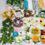 フラダンス 小物 まとめ売り 70点以上 セット ネックレス フラワーレイ リーフレイ ウィッグ 髪飾り 頭飾り 小道具 カラフル 花 ヘアアクセサリー ブレスレット 豪華 舞台 レイ タヒチアン おしゃれ グリーン系 レッド系 オレンジ系 イエロー系