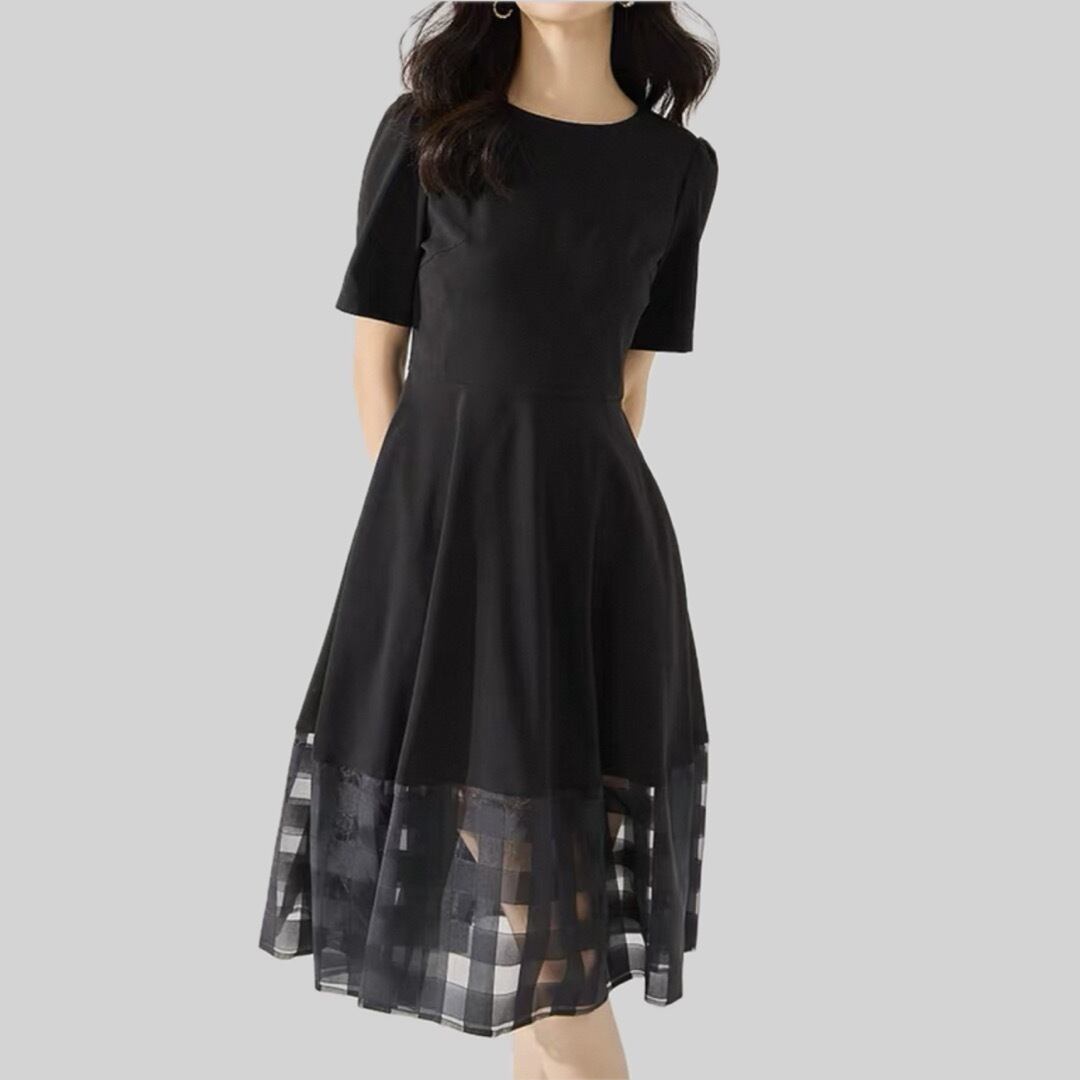 Gingham check see through A line short sleeve dress 00128