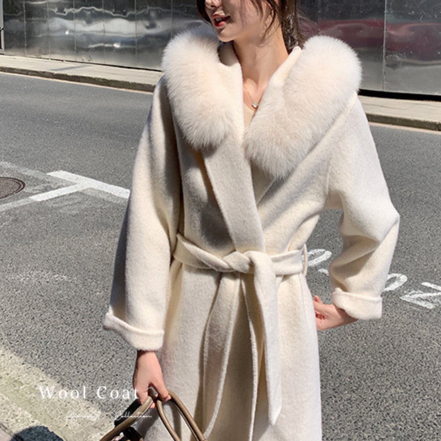 ウール100% フォックスファー ロング丈 ウールコート アウター フードファー 3色