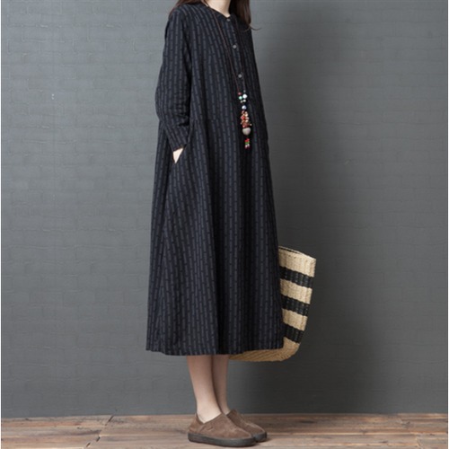 長袖ワンピース ストライプ柄 ゆったり 体型カバー 長袖 レディーススカート プルオーバー カジュアル 大きいサイズ XL 2XL ロングスカート レディースワンピース ルーズシルエット Aライン