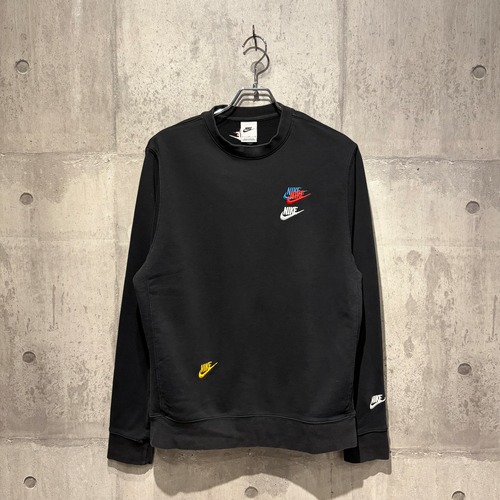 NIKE ナイキ マルチロゴ刺繍 クルーネックスウェット L ブラック スウッシュ カラフルロゴ