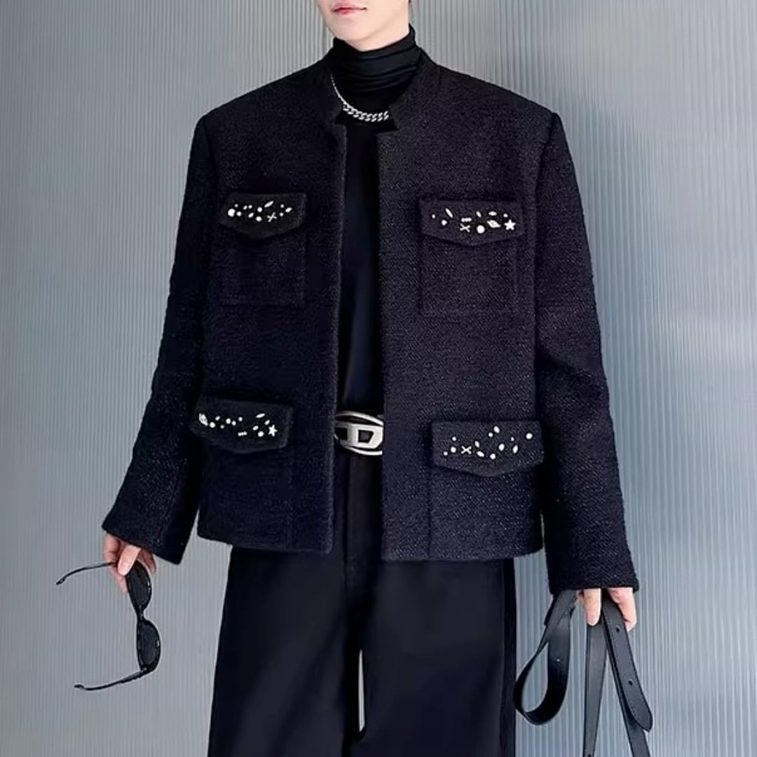 ラグジュアリーモード ビーズ刺繍ノーカラージャケット D12120