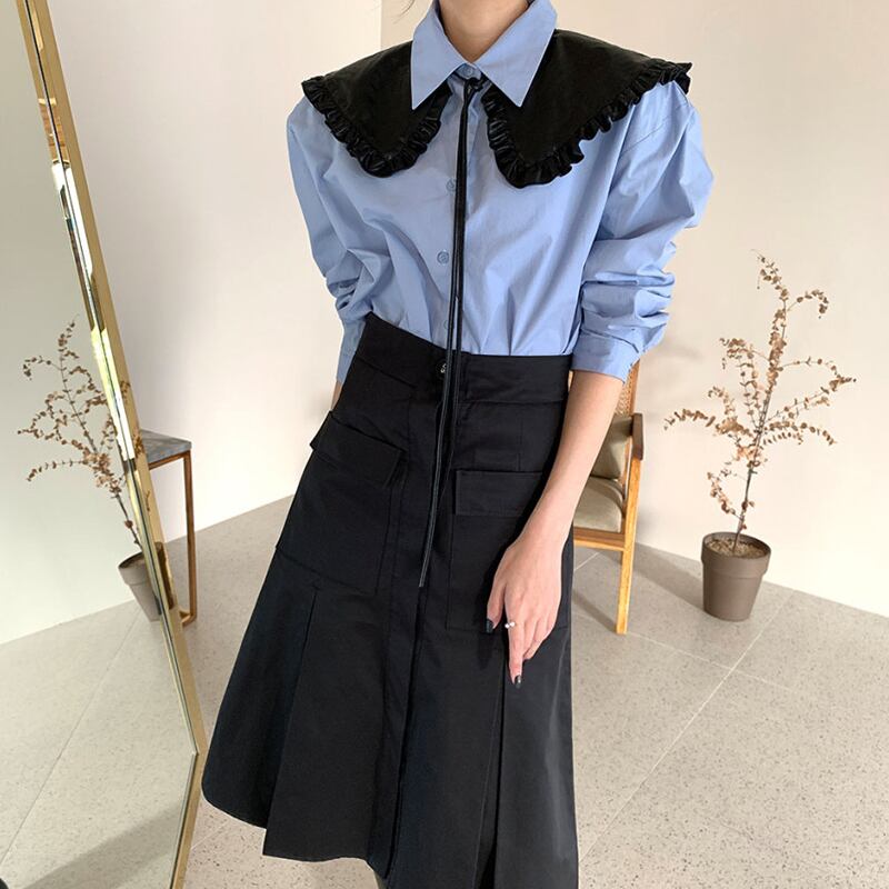 ❖ ブルーリボンシャツブラウスダブルポケットプリーツスカート