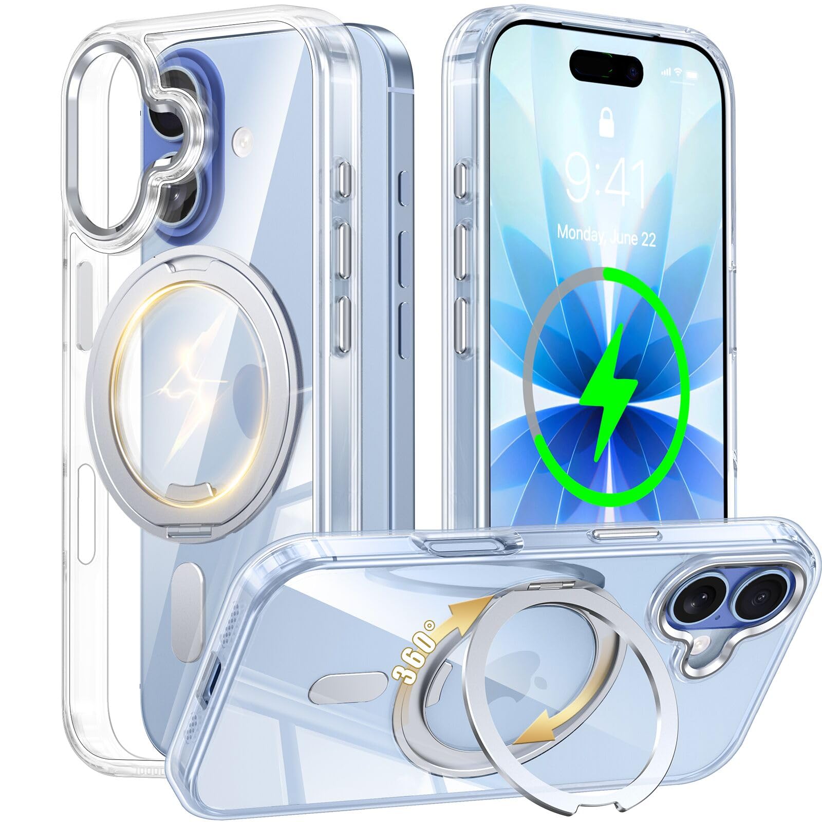 iPhone 17 用 ケース Magsafe対応 360°回転スタンド ワイヤレス充電 耐衝撃 Uovon アイフォン17 case・クリア