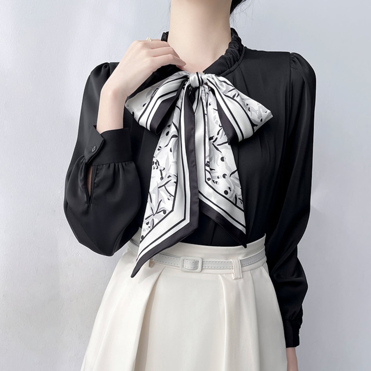 スカーフ リボン ブラウス-ブラック