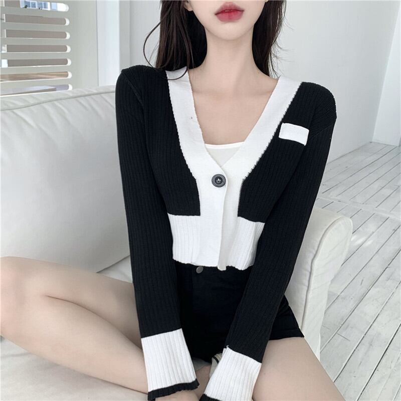 オータムブラックホワイトカラーニットセーター ジャケット スタイルスリムカーディガントップス ロング 秋物 ガールズファッション57964746940