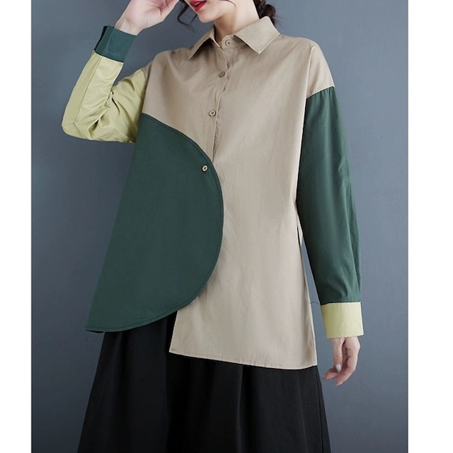 TRICOLOR ASYMMETRIC STITCH LONG SLEEVES DESIGN SHIRT 2colors M-8628