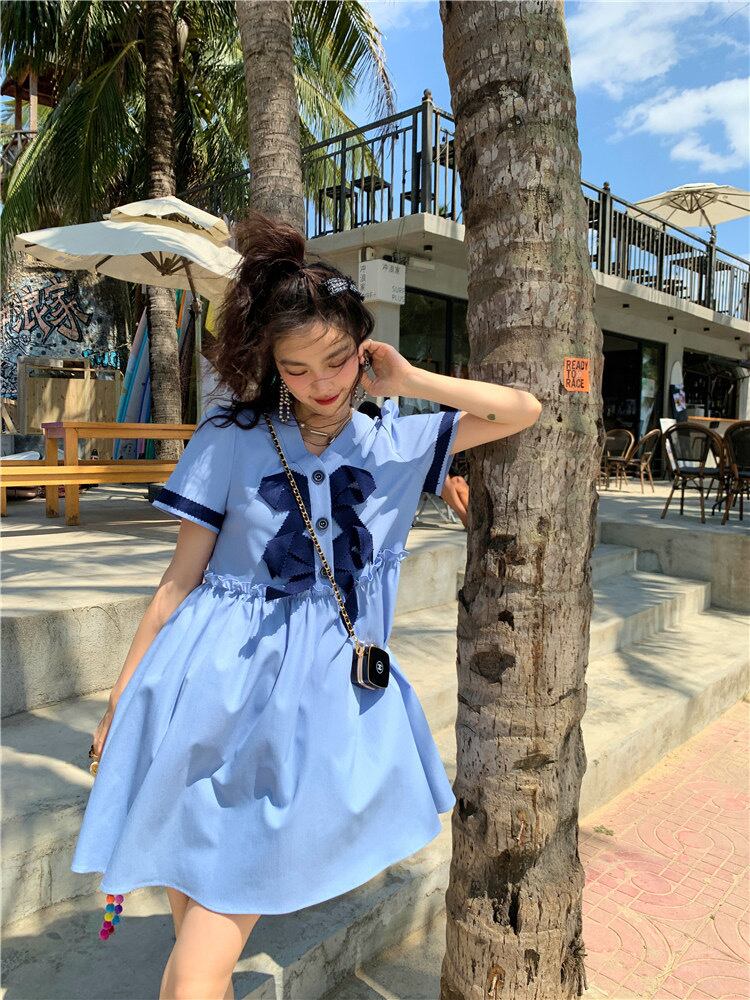 ワンピース 水色 マリン ワンピース リボン 上品 発表会 エレガント 赤