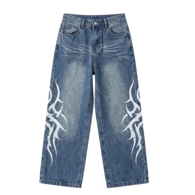 Braided print denim pants 0013