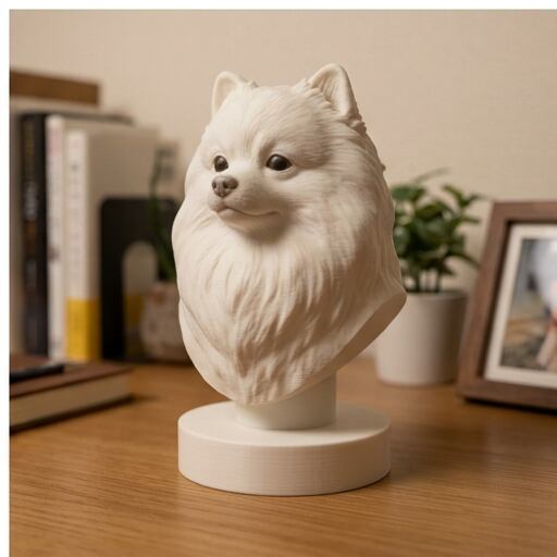 犬（ポメラニアン）の3Dプリント胸像 白PLA 彫刻 置物 インテリア