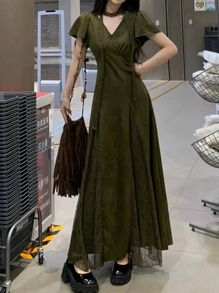 グリーン マキシ ワンピース Vネック 韓国スタイル レディース用 美人度高まる上品シルエット レース切替ロングワンピース 上品