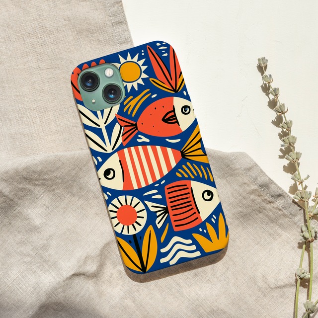 受注生産 iPhoneケース 魚と太陽の民芸シンボル柄｜海モチーフ FMSY089A