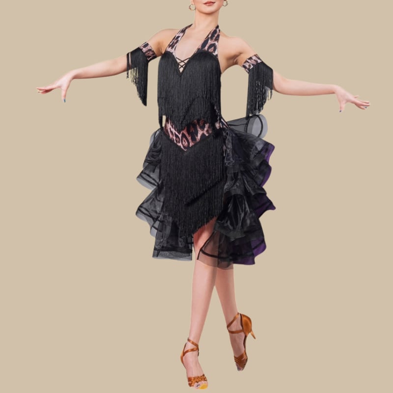 ホルターネック レオパード フリンジ ラテンドレス 1col D00497