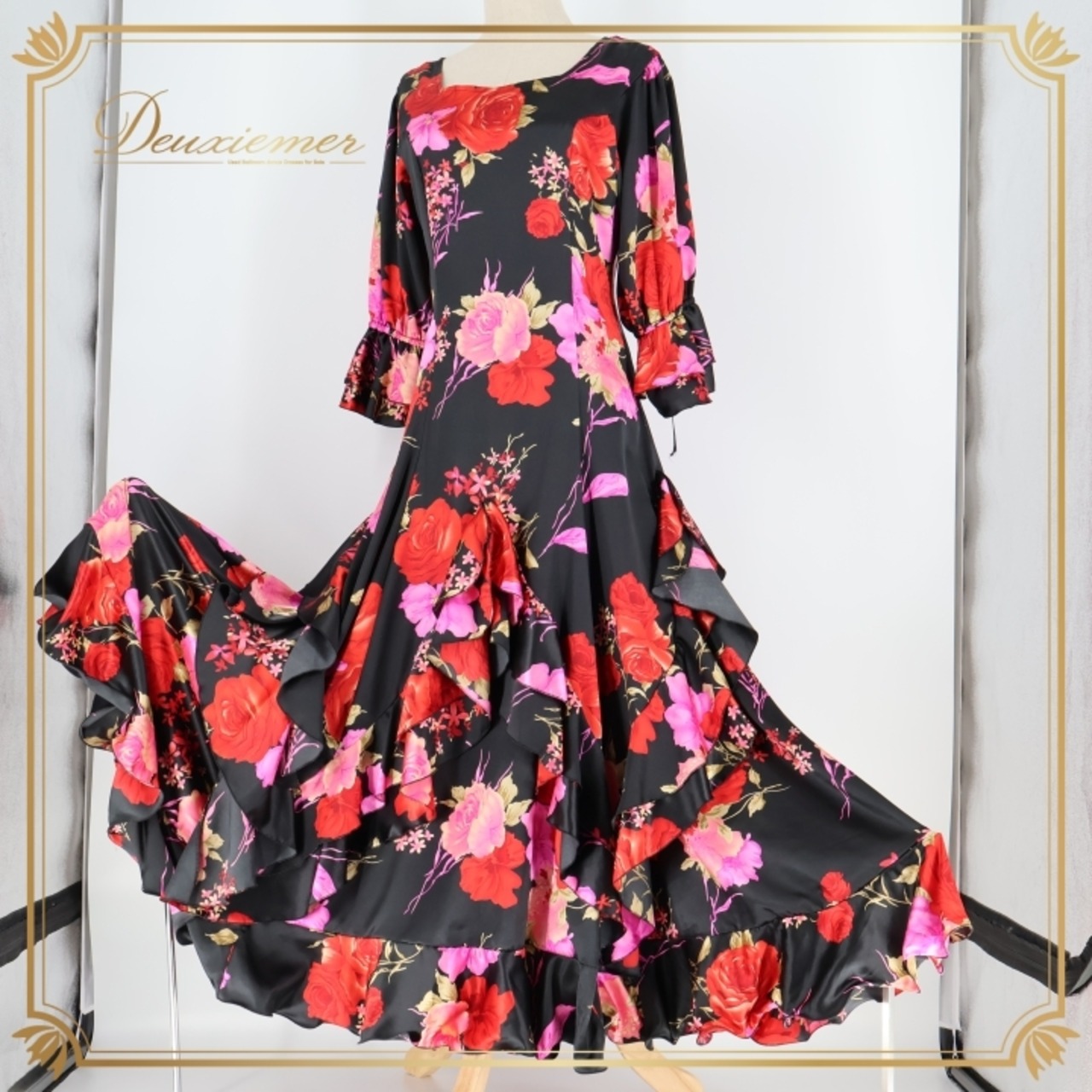 フラメンコ 衣装 ワンピース ドレス 黒 ピンク 赤 光沢 花柄 ボランテ フリル 薄い prima boutique プリマブティック ダンス パーティ 発表会 ブラック系 レッド系 ピンク系 ドレスアップ フォーマル おしゃれ 女性用 ファッション フェス ステージ