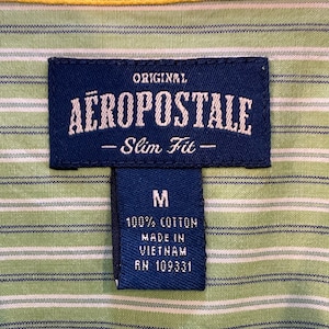 【AEROPOSTALE】ストライプシャツ ライトグリーン 長袖 柄シャツ 刺繍ロゴ アメリカ古着