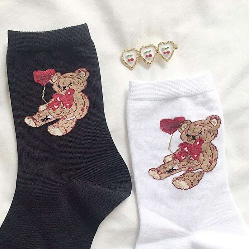 ゆめかわいい ソックス ベア クマちゃん柄 黒 ガーリー 原宿系 JK