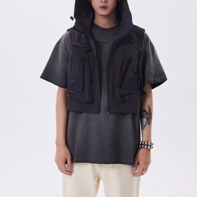 【DRIP5228】D/B Short Hoodie Vest