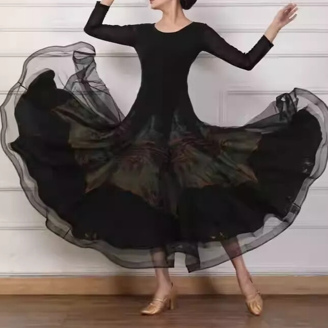 シースルースリーブ ミモレフレア ラウンドネック ダンスドレス ds1434