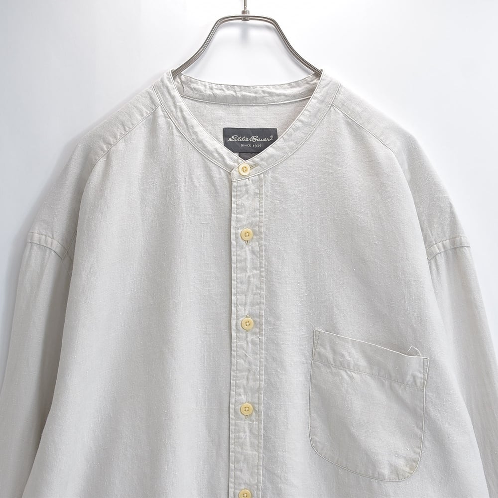Eddie Bauer エディーバウアー バンドカラーシャツ リネンシャツ ノーカラー 長袖 オーバーサイズ 無地 グランパシャツ グレージュ USED ヴィンテージ ビンテージ 古着 メンズ TALL XXL