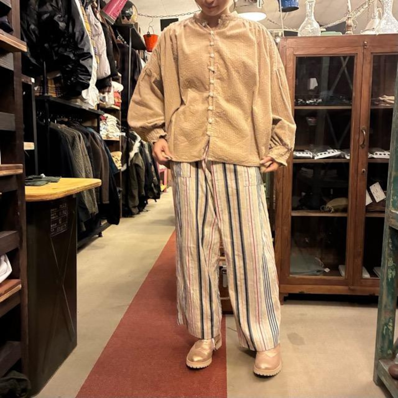 UNIVERSAL TISSU Parent-Child Corduroy Shirred Blouse, Beige/Brown, Long Sleeve Blouse, Balloon Sleeves, Oversized
