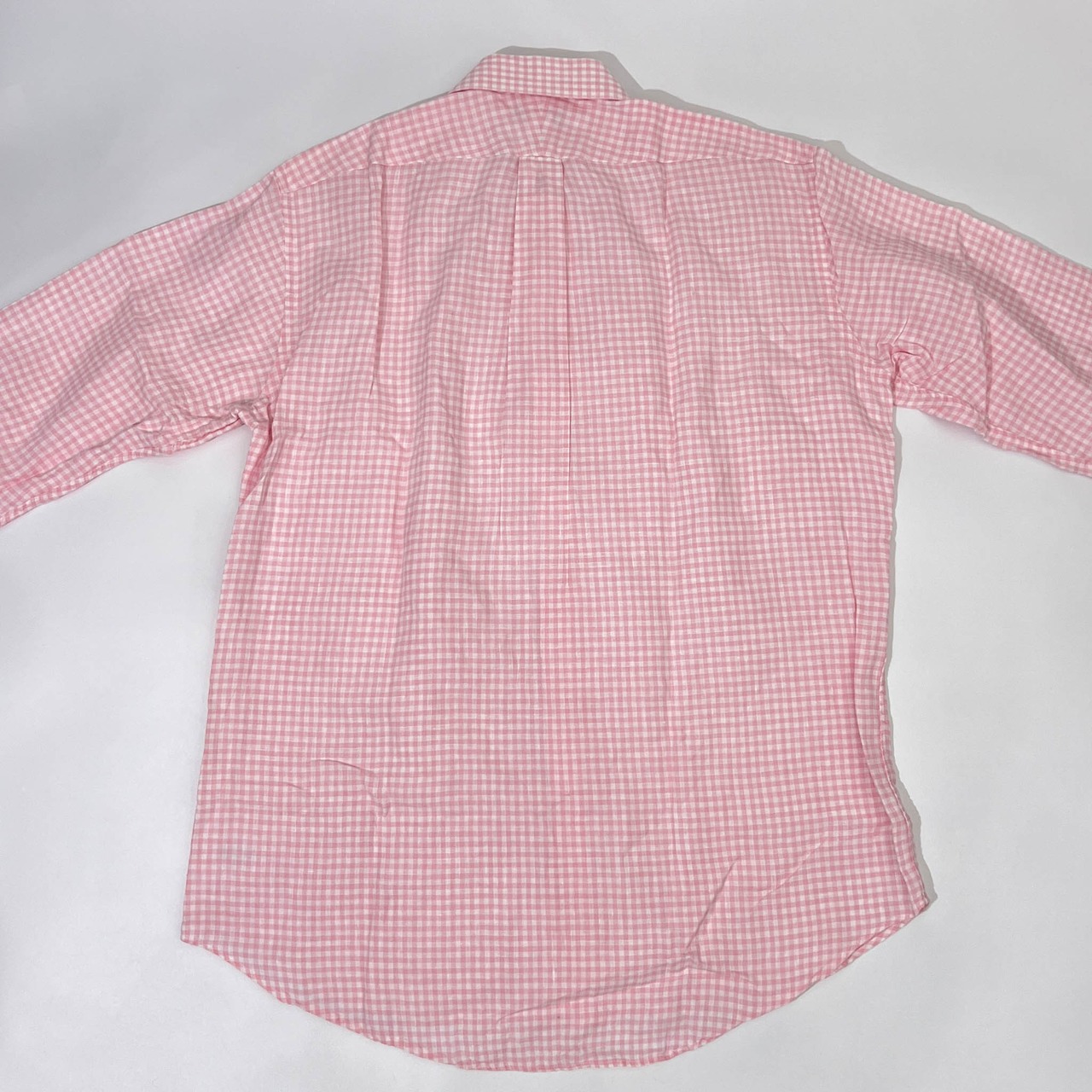 リネン100% LANDS' END ランズエンド Baird McNutt Irish Linen ギンガムチェック 長袖シャツ ドレスシャツ 42-83/ピンク系 メンズ