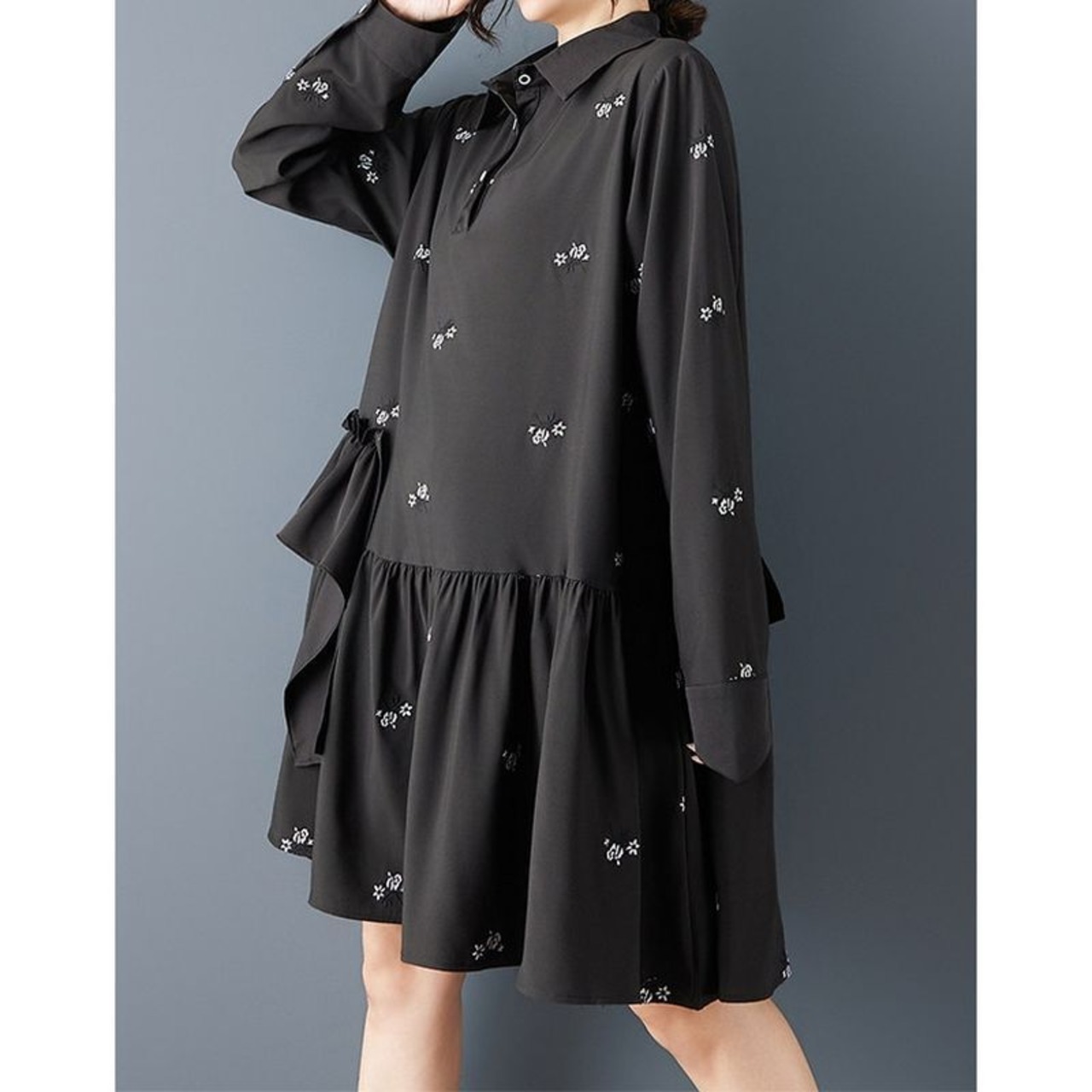 刺繍 フリル シャツワンピース  00375