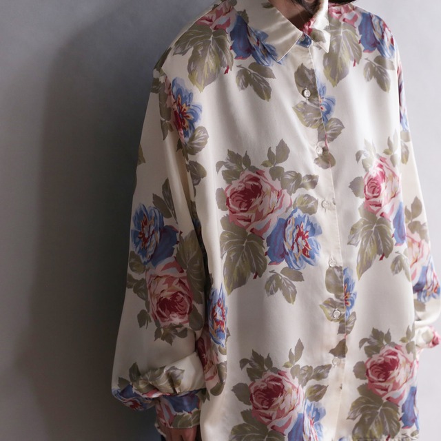 white base blue and pink rose pattern satin shirt