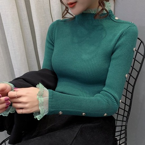セーター リブ レディース カラバリ2色 グリーン アプリコット ハーフネック レース ボタン おしゃれ エレガントスタイル タイト トップス サイズ4展開 S M L XL ハイセンス 春 秋冬