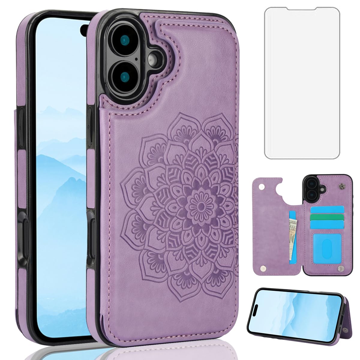 NKECXKJ iPhone 16 用ケース, ICカード収納 背面 手帳型 PUレザー 財布型 スマホケース ホルター付き収納 スタンド機能 耐衝撃 アイホン あいふおん アイフォン16 いphone16 いpほね16 ip16 対応 携帯カバー レディース メンズ 6.1 インチ(紫 パープル)