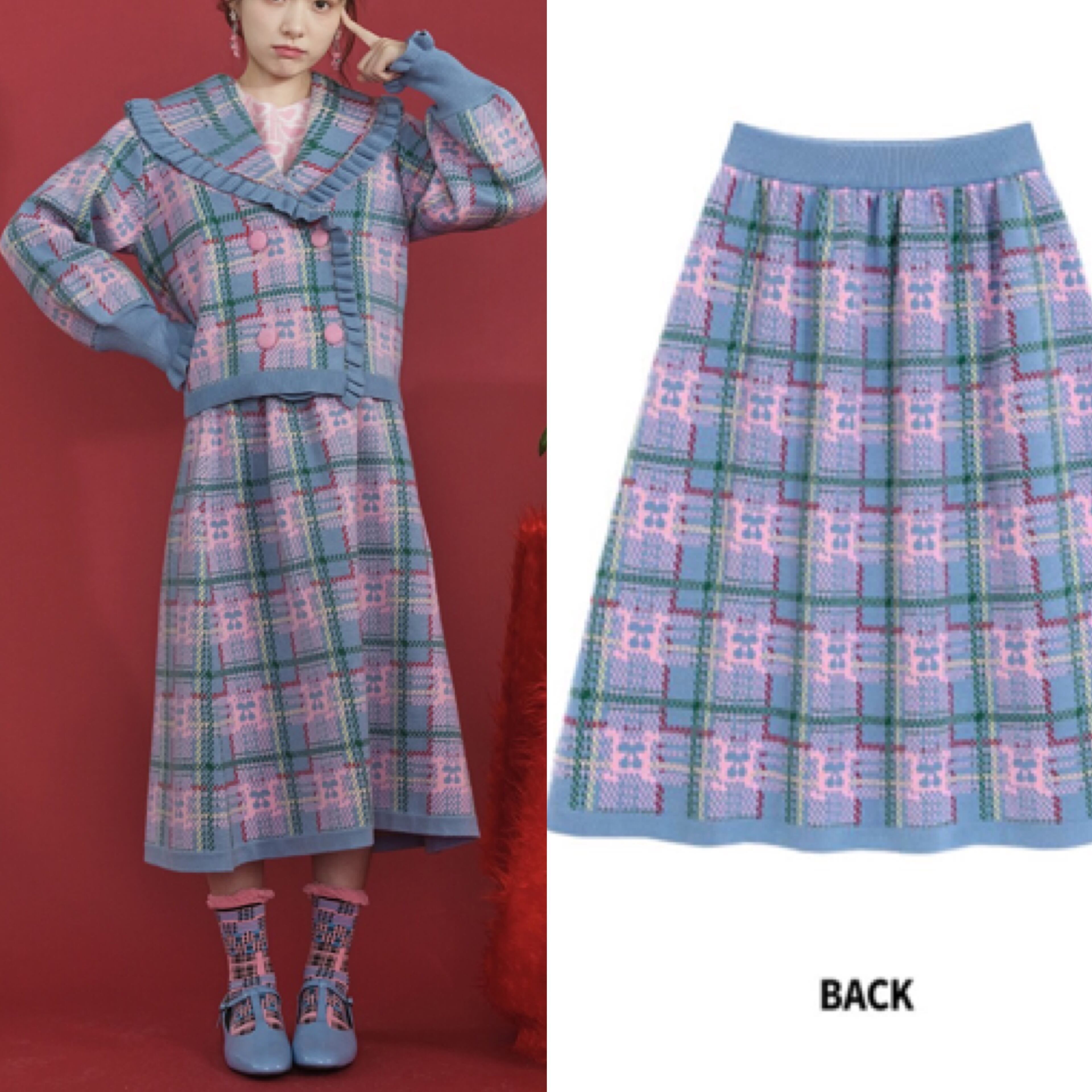 チェック セットアップ ニット 水色 ピンク スカート ボトムス