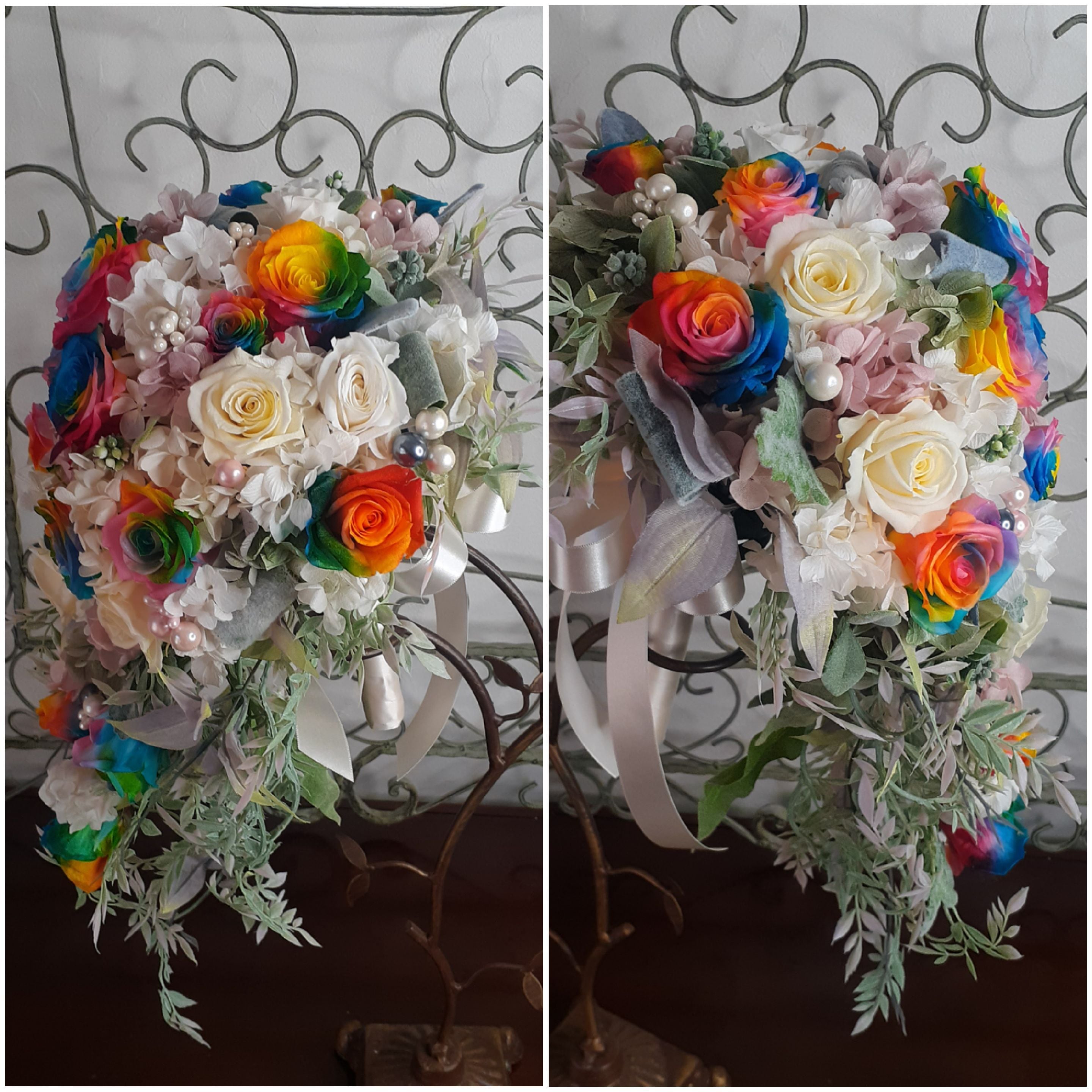 受注製作】鮮やかレインボーローズのキャスケードブーケ | 優しい色の