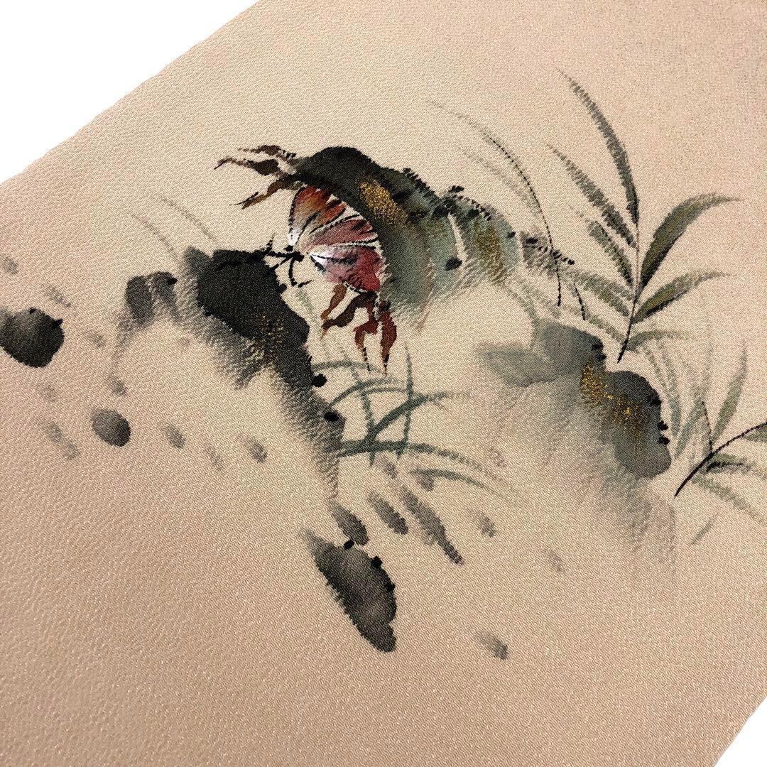 名古屋帯 手描き ヤドカリ 縮緬 薄香色 金彩 O-2479 名古屋帯 手描き ヤドカリ 縮緬 薄香色 金彩 O-2479