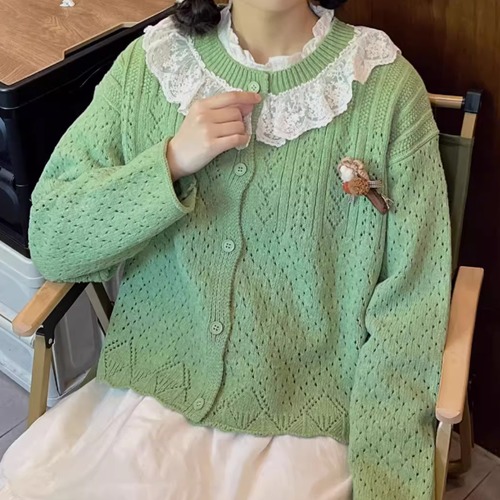 2色／フリルネック透かし編みニットカーデ ・8580