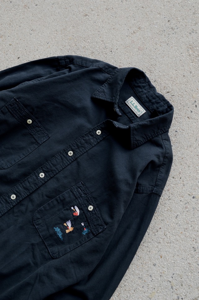 LLBean 1970's-80's "Custom Dyed Black" Old Chambray Shirt Fly Fishing Design エルエルビーン 70s シャンブレーシャツ 黒染め