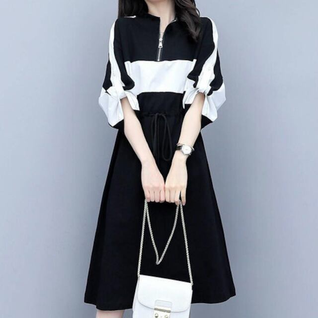 足長効果 体型カバー 清楚で上品 ハーフジップツートンカラーワンピース ブラック M Stray Cat S Tokyo