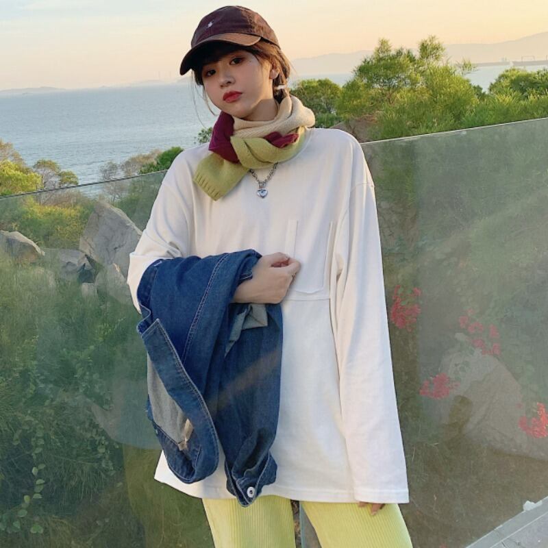 ホワイトスタイルルーズスプリングTシャツ ロング ブラウス 春物 Oネック YY-ファッション57508255844