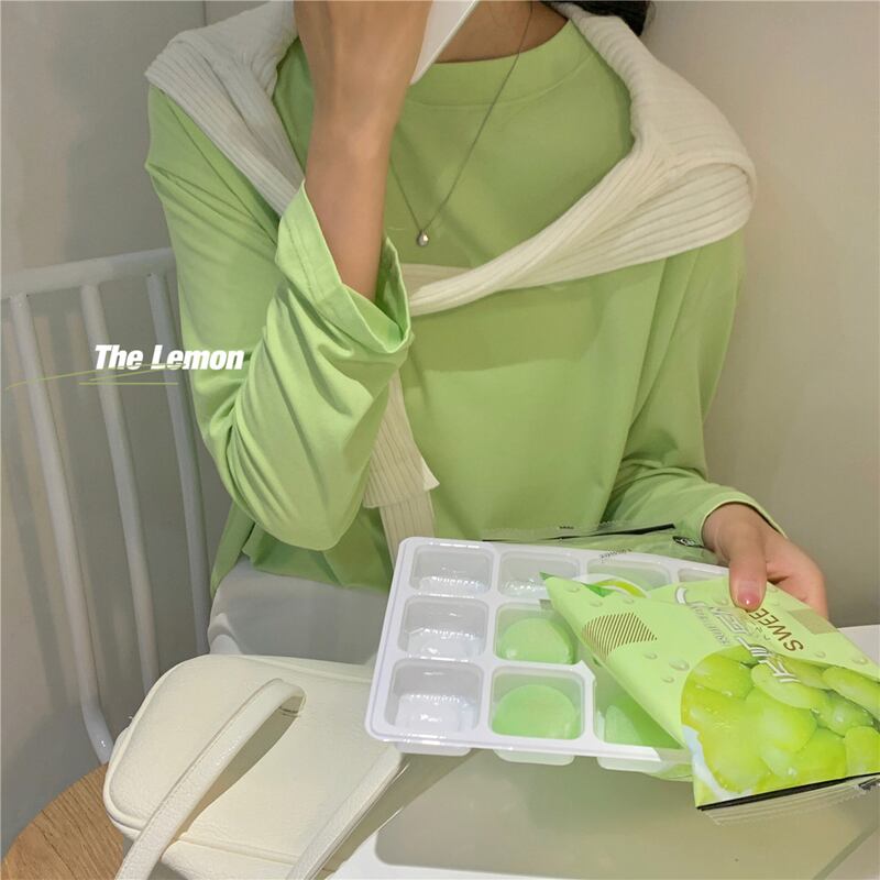 ラウンドネック長袖スリーブカラールーズTシャツ トップス レディース ロング Oネック ビッグFスモールZ韓国44016814817