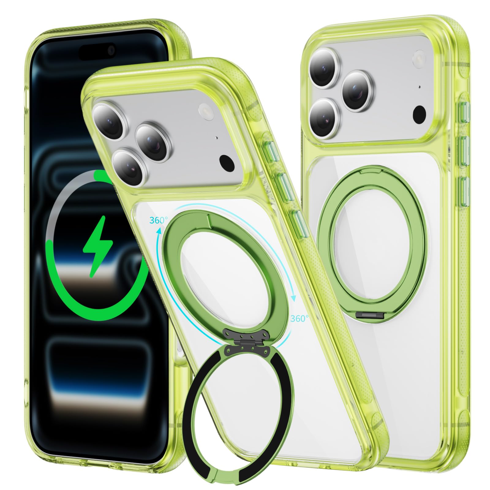 iPhone 17/18 Pro Max 用 ケース Magsafe 対応 360°回転スタンド 縦横両対応「ガラス2枚贈り」 いphone17/18 pro max 磁気リング 耐衝撃 傷防止 Xingjiany スマホケース ワイヤレス充電 カバー マグネット搭載 アイフォン17/18 プロマックス 黄変防止 防指紋 滑り止め 落下保護(ネオンイエロー)