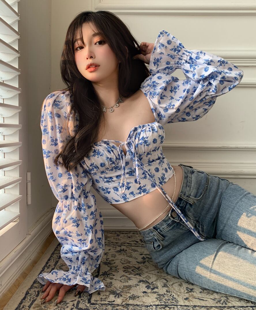 フローラルシャツ カラースリーブサマーショートクロップド ロング 夏物 花柄 スクウェア ブラックストロベリース66193969973