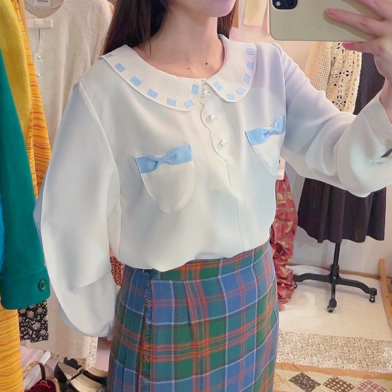 light blue ribbon white blouse