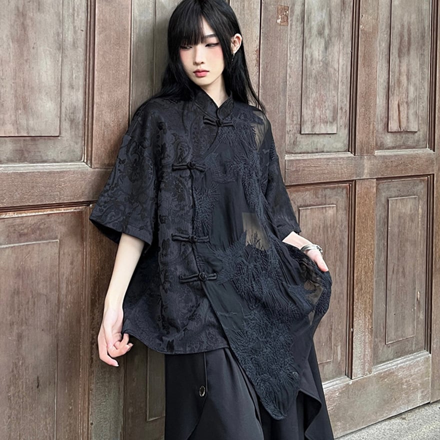 サブカル 服 地雷系 通販 ファッション 女子 半袖シャツ 刺繍 透け感 シアー ルーズ スタンドネック チャイナ風 中華 レトロ 闇かわいい ストリート系