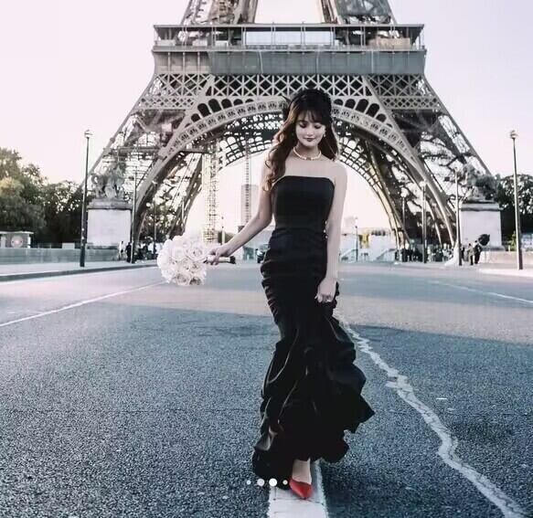 パーティードレス ラッフルフリル ブラック マーメイドライン デザイン  