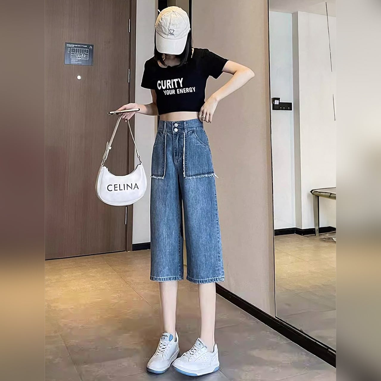 全2色 デニム6分丈ハーフパンツ 膝下 ハーフパンツ ショートパンツ 六