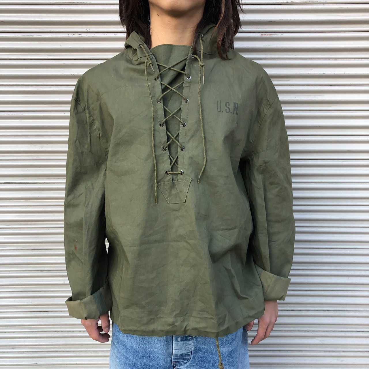 40s 米軍 U.S.NAVY N-2 ステンシル デッキ レインパーカー オリーブ  