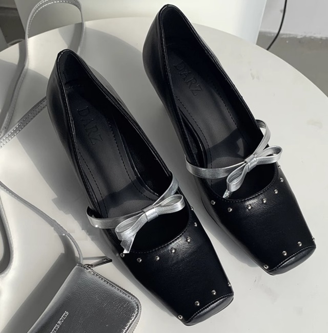 ribbon stud square toe heel shoes 2colors【2024040701】